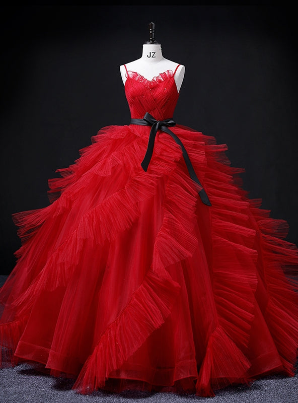 Red Tulle Spaghetti Straps Pleats Quinceanera Dress