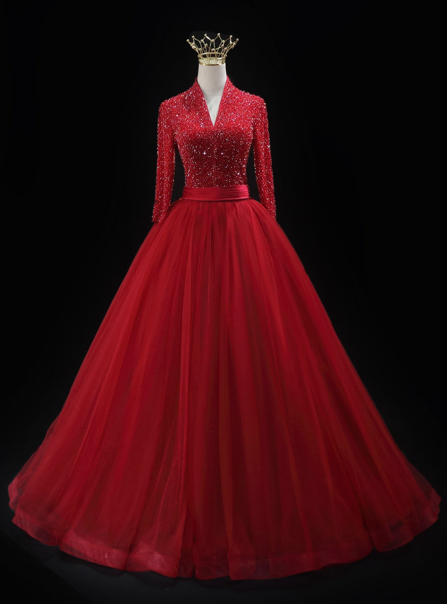 Red Tulle V-neck Long Sleeve Beading Prom Dress