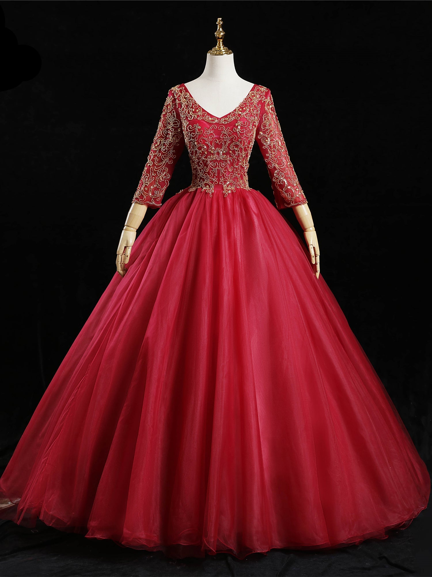 Red Tulle V-neck Long Sleeve Beading Quinceanera Dress