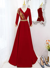 Red Velvet V-neck Long Sleeve Gold Beading Prom Dress