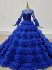 Roayl Blue Ball Gown Tulle Long Sleeve Beading Prom Dress