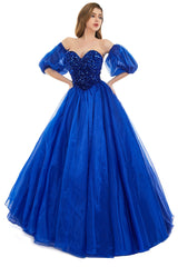 Roayl Blue Tulle Sequins Sweetheart Prom Dresses Spaghetti Straps Evening Quinceanera Dresses