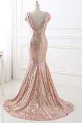 Shirt Dress, Rose Gold Sequins Long Bridesmaid Dress with Cowl Back