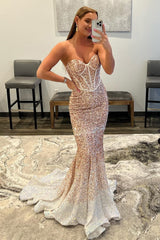 Rose Gold Sparkly Sequins Mermaid Long Prom Dress