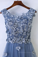 Party Dresses Ladies, Round Neck Blue Lace Floral Long Prom Dresses, Blue Lace Long Formal Evening Dresses