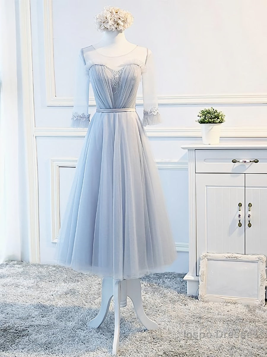 Round Neck Long Sleeves Blue Prom Dresses, Long Sleeves Blue Formal Bridesmaid Evening Dresses