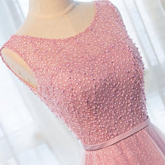 Prom Dressed 2050, Round Neck Pink Beaded Long Prom Dresses, Pink Long Formal Evening Dresses