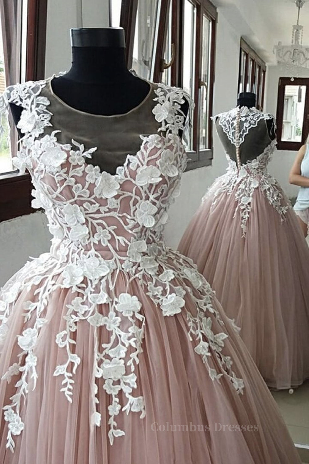 Bridesmaid Dress Uk, Round Neck Pink Lace Long Prom Gown, Long Pink Lace Prom Formal Evening Dress, Pink Ball Gown