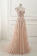 Bridesmaid Dress Orange, Round Neck Pink Lace Prom Dresses, Pink Lace Formal Evening Dresses