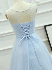 Party Dresses Near Me, Round Neck Short Blue Lace Prom Dresses, Short Light Blue Lace Formal Graduation Dresses