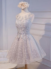 Homecoming Dresses Aesthetic, Round Neck Short Gray Lace Prom Dresses, Short Gray Lace Formal Homecoming Graduation Dresses