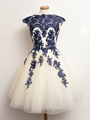 Round Neck Short White And Blue Lace Prom Dresses, Short Lace Homecoming/Graduation Dress