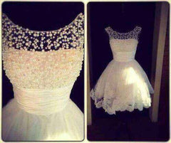 Round Neck White Short Lace Prom Dresses, White Short Lace Homecoming Dresses/Graduation Dress