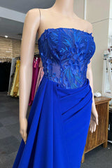 Royal Blue Appliques Strapless Long Formal Gown with Attached Train