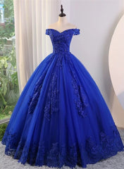 Royal Blue Ball Gown Tulle with Lace Applique Prom Dress,Royal Blue Sweetheart 16 Dress