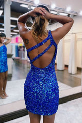 Royal Blue Bodycon One Shoulder Sequins Homecoming Dress