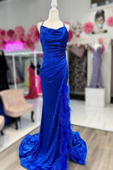 Royal Blue Cowl Neck Rhinestones Long Prom Dress with Feather-Trimmed Slit