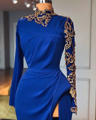 Royal Blue High Neck Side Slit Mermaid Prom Dresses Elegant Long Sleevess Appliques Evening Gowns