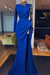 Royal Blue High Neck Side Slit Mermaid Prom Dresses Elegant Long Sleevess Appliques Evening Gowns