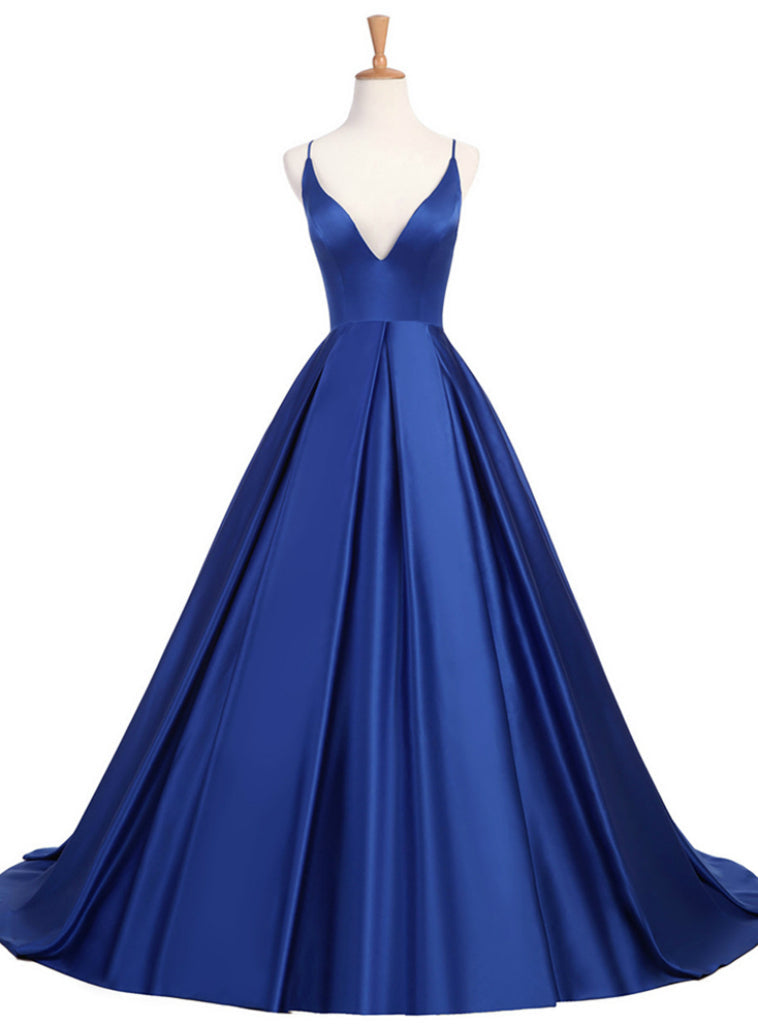 Royal Blue Long V-Neck Open Back Satin A Line Prom Party Dress