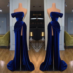 Royal Blue Off-the-shoulder Long Prom Evening Dress with Split