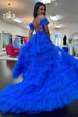 Royal Blue Off the Shoulder Ruffle Tiered Tulle Long Prom Dresses with Slit