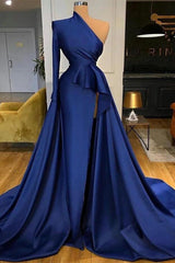 Royal Blue One Shoulder Long Sleeves Slit Prom Dress Overskirt