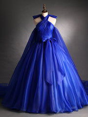 Royal Blue Organza Pleats Halter Pleats Quinceanera Dress