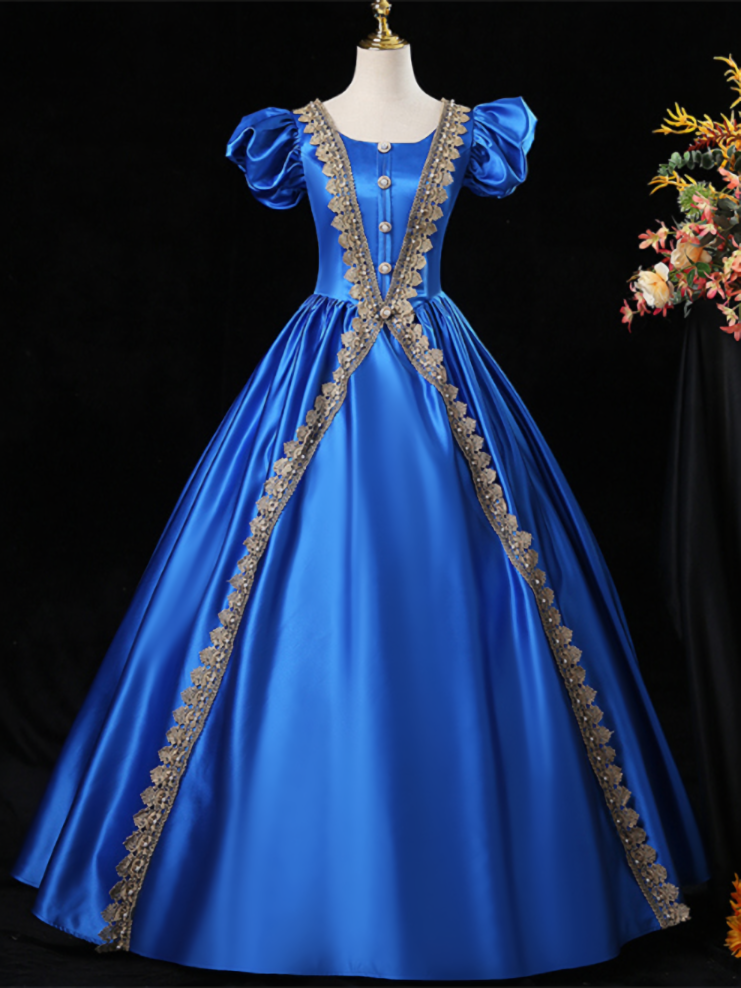 Royal Blue Satin Puff Sleeve Appliques Victorian Vintage Dress