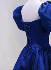 Wedding Dress Boho, Royal Blue Satin Short Sleeves Wedding Party Dress, Royal Blue Party Dress Prom Dress