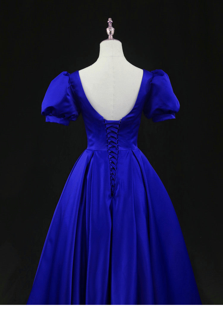 Wedding Dress Summer, Royal Blue Satin Tea Length Wedding Party Dress, Blue Prom Homecoming Dress