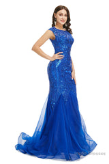 Royal Blue Sequined Tulle Mermaid Cap Sleeve Scoop Neck Formal Gowns