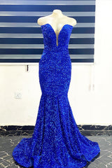 Evening Dress With Sleeve, Royal Blue Sequins Strapless Mermaid Long Prom Dress