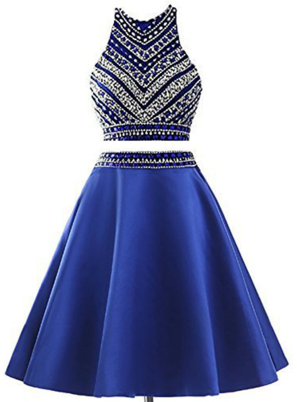 Royal Blue Two Piece Satin Beading Crystal Homecoming Dress