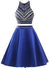 Royal Blue Two Piece Satin Beading Crystal Homecoming Dress