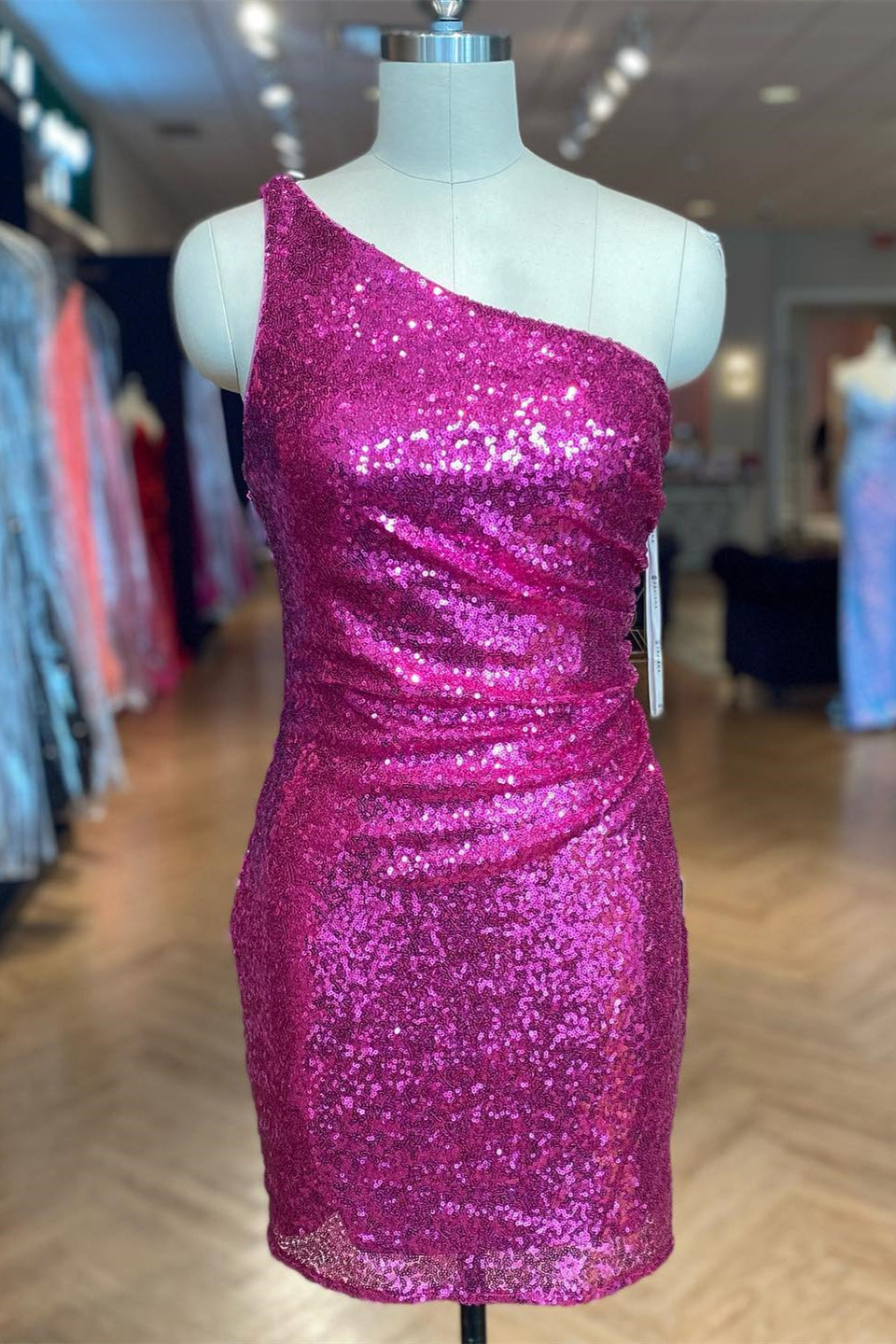 Strapless Dress, Fuchsia Sequins Sheath One Shoulder Homecoming Dress