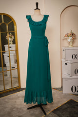 Evening Dress Long, Ruffled Crew Neck Emerald Chiffon Midi Bridesmaid Dress