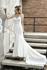 Wedding Dress Elegant Simple, Satin Beaded Boat Neck Cap Sleeve Mermaid Wedding Dresses