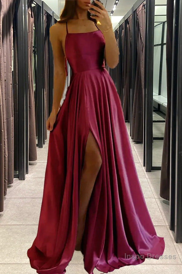 Satin Burgundy Prom Dress Beach Maxi Women Dress, Straps Evening Cheap Bridesmaid Dresses