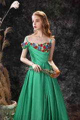 Small Wedding Ideas, Satin Floral Applique High Split A Line Court Train Prom Dresses