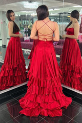 Scoop Neck A Line Lace-Up Ruffle Tiered Red Prom Dress with Slit