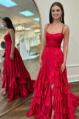 Scoop Neck A Line Lace-Up Ruffle Tiered Red Prom Dress with Slit