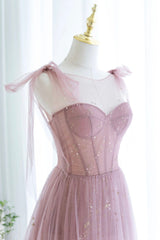 Classy Dress Outfit, Scoop Neckline Tulle Pink Long Prom Dress, Cute A-Line Evening Party Dress