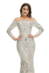 Bridesmaid Dress Mismatched, Sequins Mermaid Long Sleeves Off the Shoulder Evening Dresses