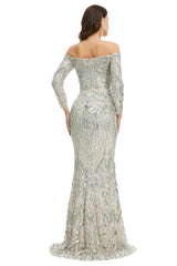 Bridesmaid Dresses Mismatching, Sequins Mermaid Long Sleeves Off the Shoulder Evening Dresses