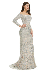 Bridesmaids Dresses Mismatched, Sequins Mermaid Long Sleeves Off the Shoulder Evening Dresses