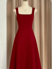 Sexy A Line Square Neckline Red Satin Ankle Length Evening Dress Prom Dresses