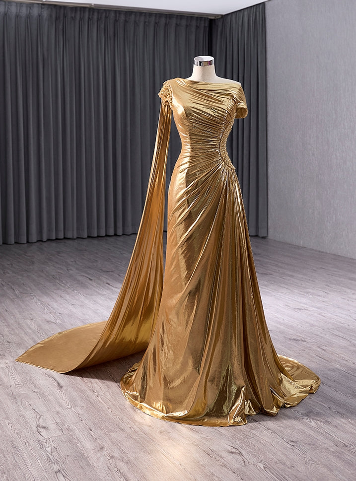 Sexy Gold Pleats Beading Prom Dress