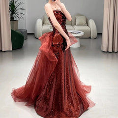 Sexy Mermaid Sweetheart Burgundy Floor Length Evening Dress Sequin Prom Dresses