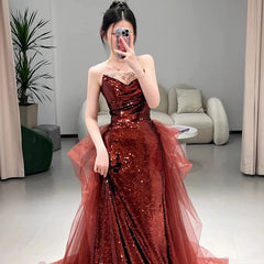 Sexy Mermaid Sweetheart Burgundy Floor Length Evening Dress Sequin Prom Dresses